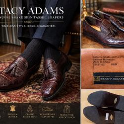 Stacy Adams Loafers 8.5M Brown Exotic Leather Genuine Snake Skin Tassel Dress