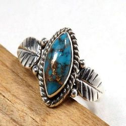 Unique Turquoise Leaf Silver Tone Ring