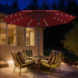 🔥new inbox🔥10 FT Red Patio Umbrella with Steel Tilt and Crank, Includes 32 Solar LED Lights