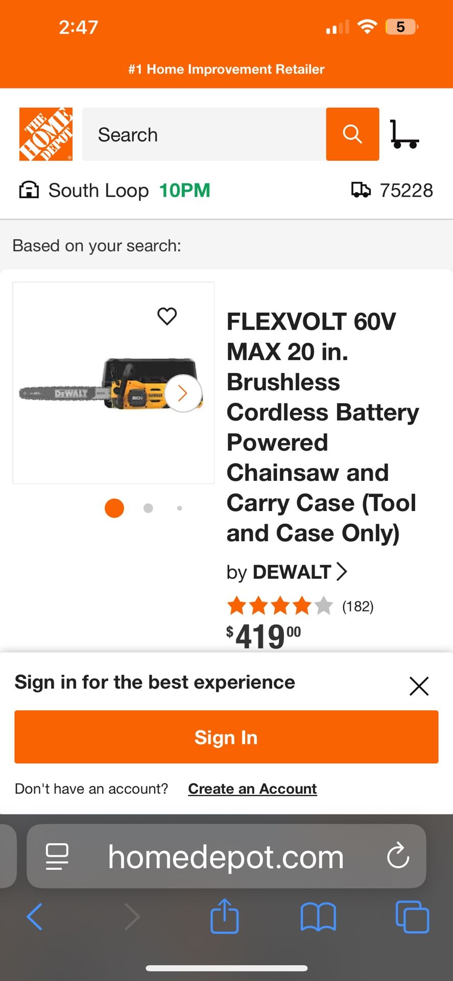 Dewalt 20” Chainsaw with Carry Case - New