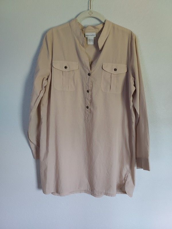 Soft Surroundings Women's Beige Long Sleeve Shirt Dress Size Small Lightweight