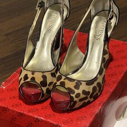 Guess Leopard pony hair sling back red peep toe heels