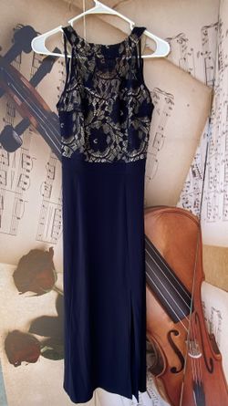 Dark Blue Floral Lace Sleeve-Less Formal Dress