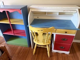 Roll top desk, chair, bookshelf