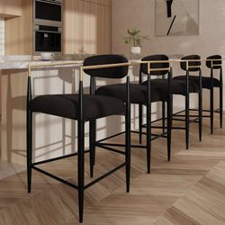Black Counter Height Bar Stools Set of 4, 26" Boucle Barstools with Backrest and Metal Legs, Island Chairs for Kitchen, Dining Room