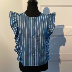 Elegant Blue Blouse with Ruffle Sleeves ptp 19”