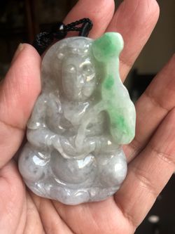 Natural jade certified A grade carved Kwan yin pendant with adjustable cord necklace