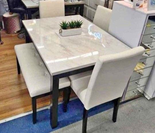 ✅️✅️ 5 pc dark finish wood faux marble top rectangular dining table set with bench ✅️✅️