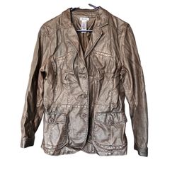 Liz & Co Brown Leather Jacket Blazer Womans Large.  Button up beautiful stitchery.  Pre owned in excellent condition Comes from a smoke and pet free h