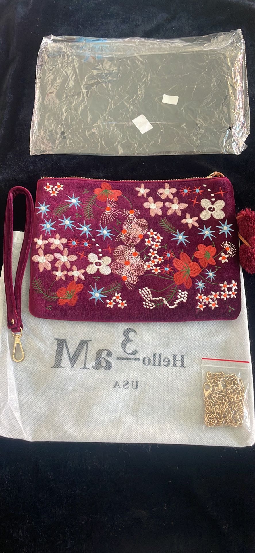 Embroidered Velvet Zip Top Pouch Purse Chainlink Shoulder Strap