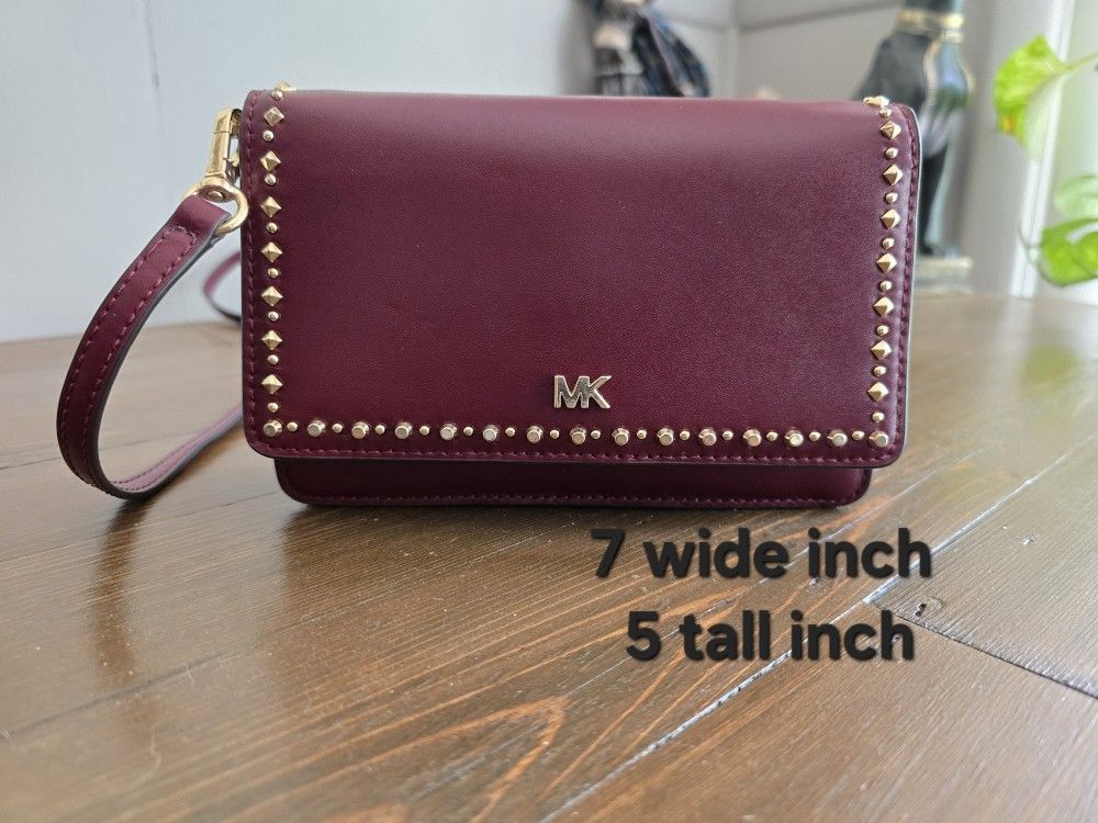 MICHAEL KORS Burgundy Studded Luxury Designer Leather Phone Crossbody Clutch Bag