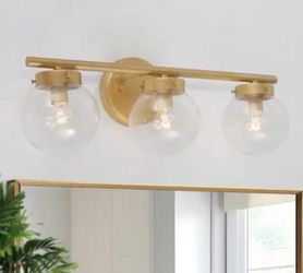 Uolfin Modern Gold Bathroom Vanity Light, 3-Light Farmhouse Powder Room Globe Vanity Wall Light with Clear Glass Shades