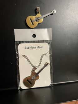 Gold Color Stainless Steel Acoustic Guitar Music Charm Pendant Necklace with Chain Unisex Gift