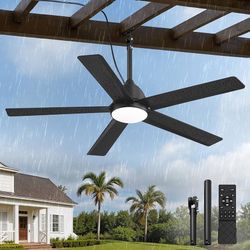 52'' Outdoor Ceiling Fan with Light, Black Gazebo Hanging Fans, Plug-in Ceiling Fans, IP65 Waterproof, 6-Speed DC Motor, Remote/APP Control, Dimmable 