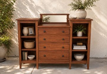 Mission Oak Storage Sideboard with Open Display Shelves | Solid Wood Cabinet