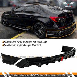 FOR 22-26 HONDA CIVIC SEDAN YOFER V2 GLOSS BLACK LED REAR DIFFUSER+ CORNER SPATS
