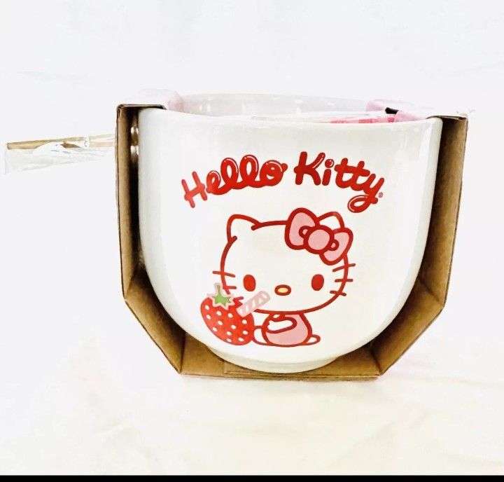 Hello Kitty Ceramic 16 oz Ramen Bowl and Chopsticks Set Brand New