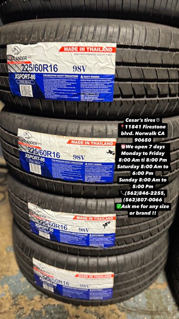 225/60R16 ATLANDER A SET OF FOUR NEW TIRES, INCLUDES MOUNTING AND BALANCING WITH WARRANTY, ASK ME FOR ANY SIZE OR BRAND, WE HAVE THE BEST PRICES!!