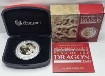 2012 Perth Mint Year of the Dragon – 1 oz Gilded Silver Coin – Box & COA