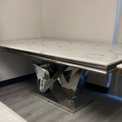 78”L Marble Dining Table w/ Silver Base