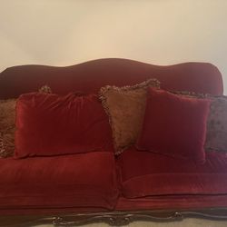 Vintage Burgundy Loveseat with Wood Trim 