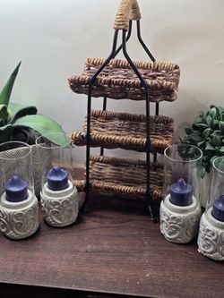BLACK WROUGHT IRON and WOVEN BROWN RATTAN 3 TIERED WINE RACK - Holds 3 Bottles
