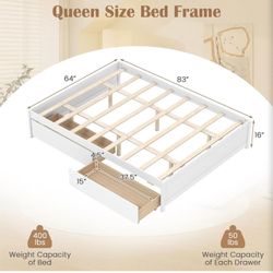 Queen Size Bed Frame with 2 rollinh Storage Drawers