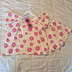 2PCS  Between - Floral Short And Shirt Set. For Girls Size 6. Sunglasses Included.