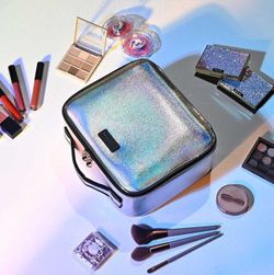 Iridescent Makeup Vanity Case with Mirror & Brush Holder - Makeup Organizer Bag - Summer Sale