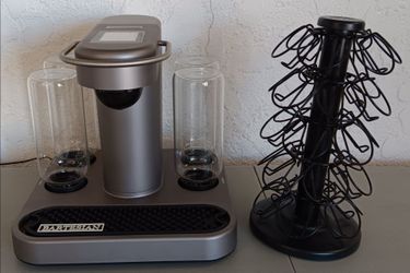 Gray Bartesian Premium Cocktail Machine Model 55300 with 4 Spirit Bottles and Pod Storage Carousel.