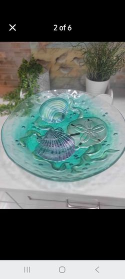 2557#🦀17.5" Bowl Coastal  GLASS FUSED  Sea themed
