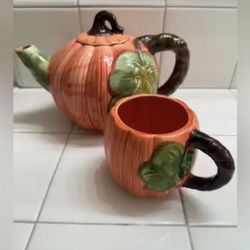 Pumpkin teapot cup mug set dish home decor Halloween 