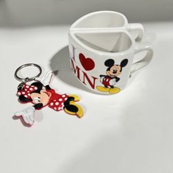 Disney Mickey Minnie Mouse small Mugs 2 pieces & keychain 