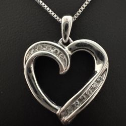 Sterling Silver Diamond Accent Channel Set Open Heart Pendant Necklace 18"