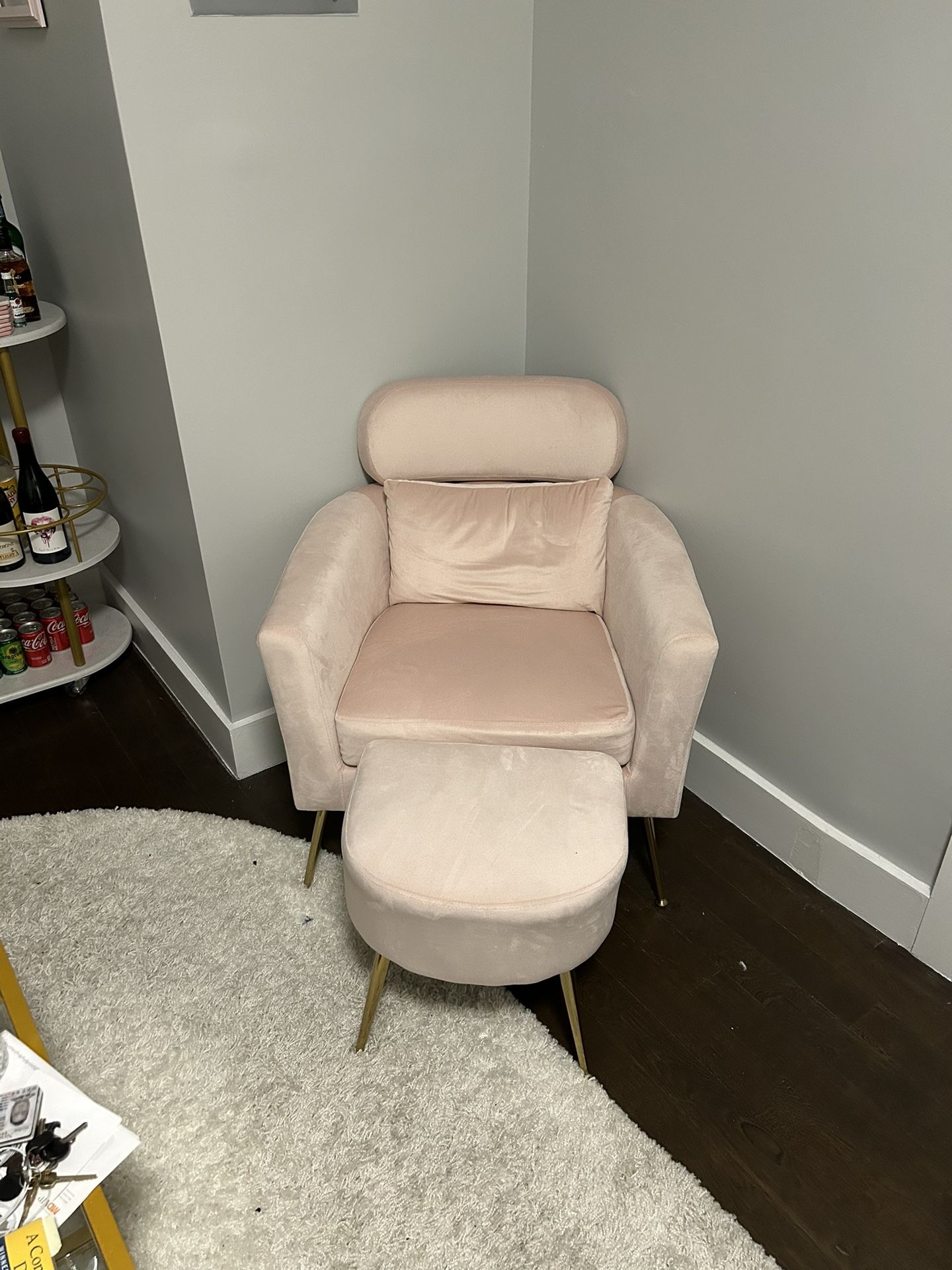 Pink Velvet Chair with Ottoman