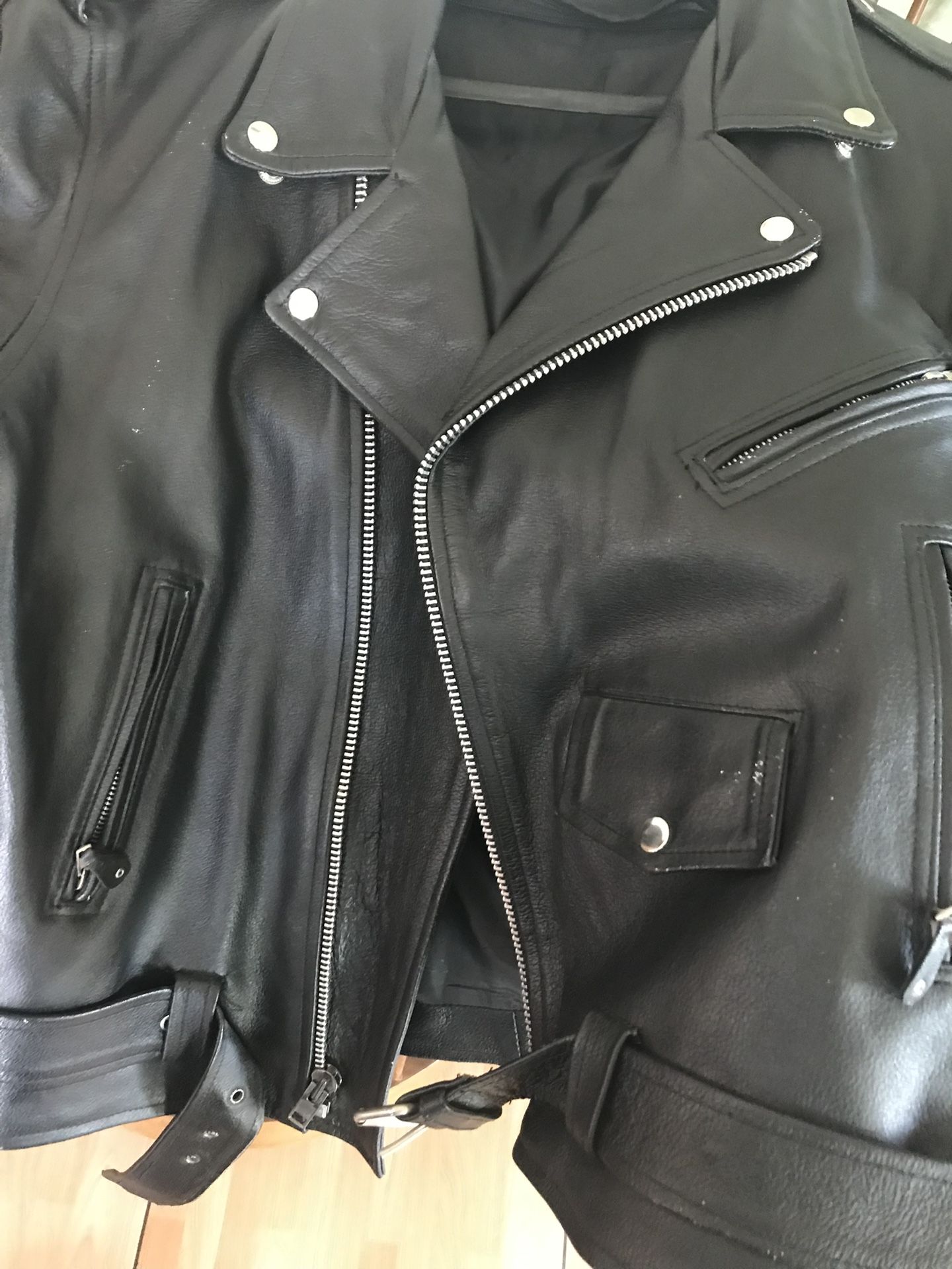 Black leather, biker jacket with satin lining