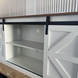 New TV Stand Sliding Barn Door Farmhouse, Storage Cabinet Table Living Room with Adjustable Shelves for TVs Up to 65" white  New in box T TS101WM 【Sli