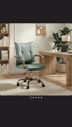 Faux Leather Sage Green Rolling Desk Chair, Gold Trim, Padded Arms