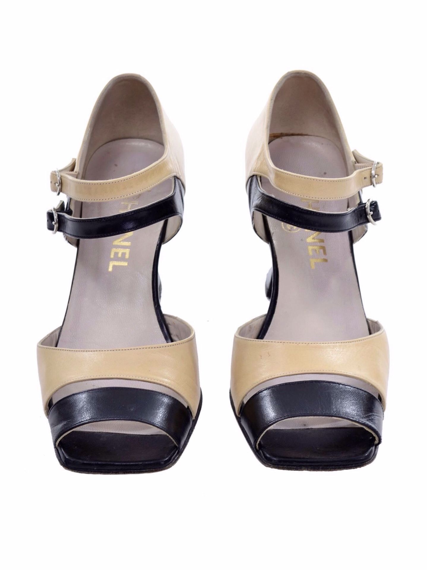 Chanel Vintage Peep Toe Double Strap Two Tone Beige and Black Shoes SZ 41.5