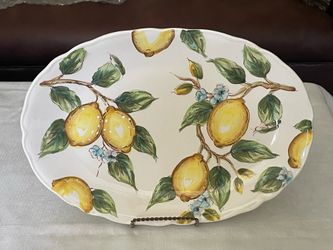 Maxcara decorative ceramic platter with a hand-painted lemon and leaf design.