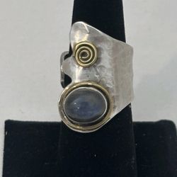Vtg.Sterling Silver & Gold " LABRADORITE MOON STONE" Adjustable Ring- Sz7-8