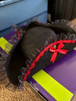 Black Tricorn Pirate Hat with Red Trim