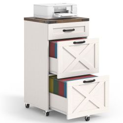 New 丨3-Drawer Rolling File Cabinet, Rustic White