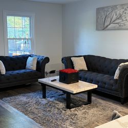 Tufted Sofa Set + Marble Coffee Table
