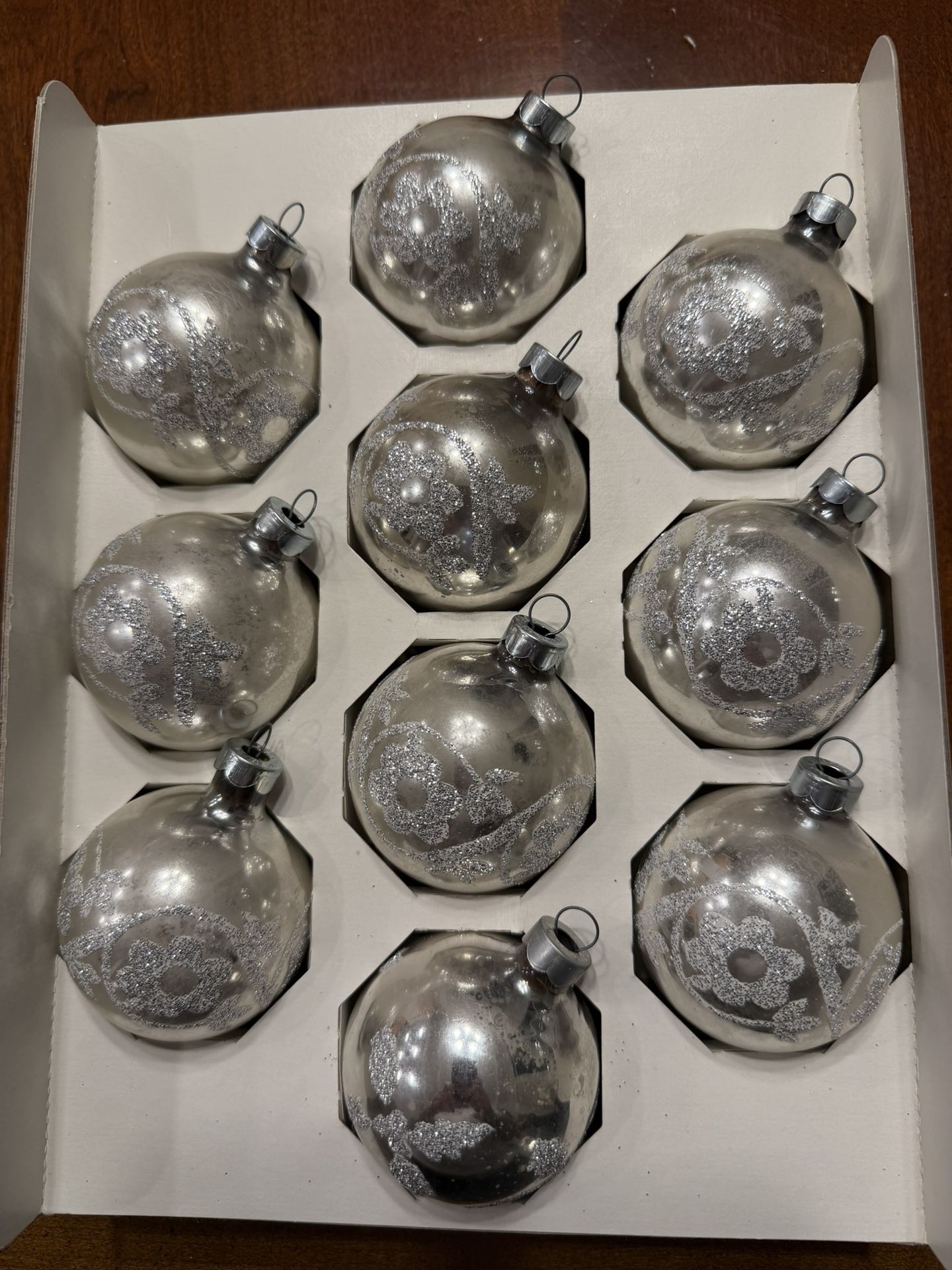Vintage HOLLY silver glitter Ornaments In Original Box