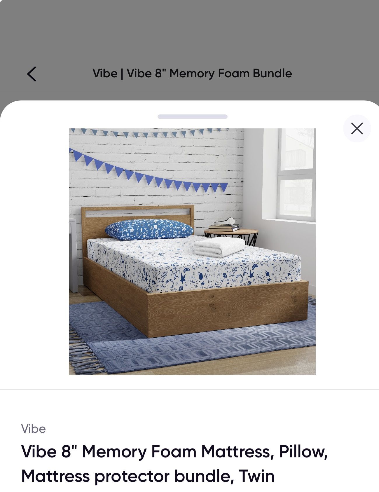 Vibe 8" Memory Foam Mattress, Pillow, Mattress protector bundle, Twin