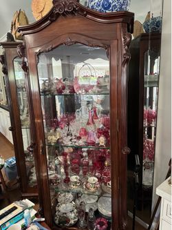 vintage mahogany curio china cabinet hutch with glass shelves
