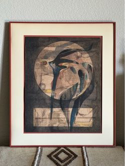 Vintage Original Mid Century Modern 1970s Modernist Abstract Pencil Chalk Art, Framed