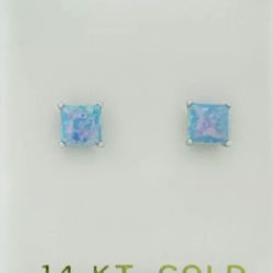GENUINE 0.98 CTW BLUE OPAL STUD EARRINGS 14k WHITE GOLD