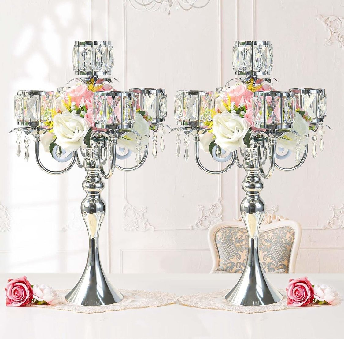 2Pcs Silver 5-Arm Crystal Pendant Metal Candle Holder with Square Crystal Bowl, 22-Inch Tall Wedding Table Centerpiece for Holiday Party Events, Chris